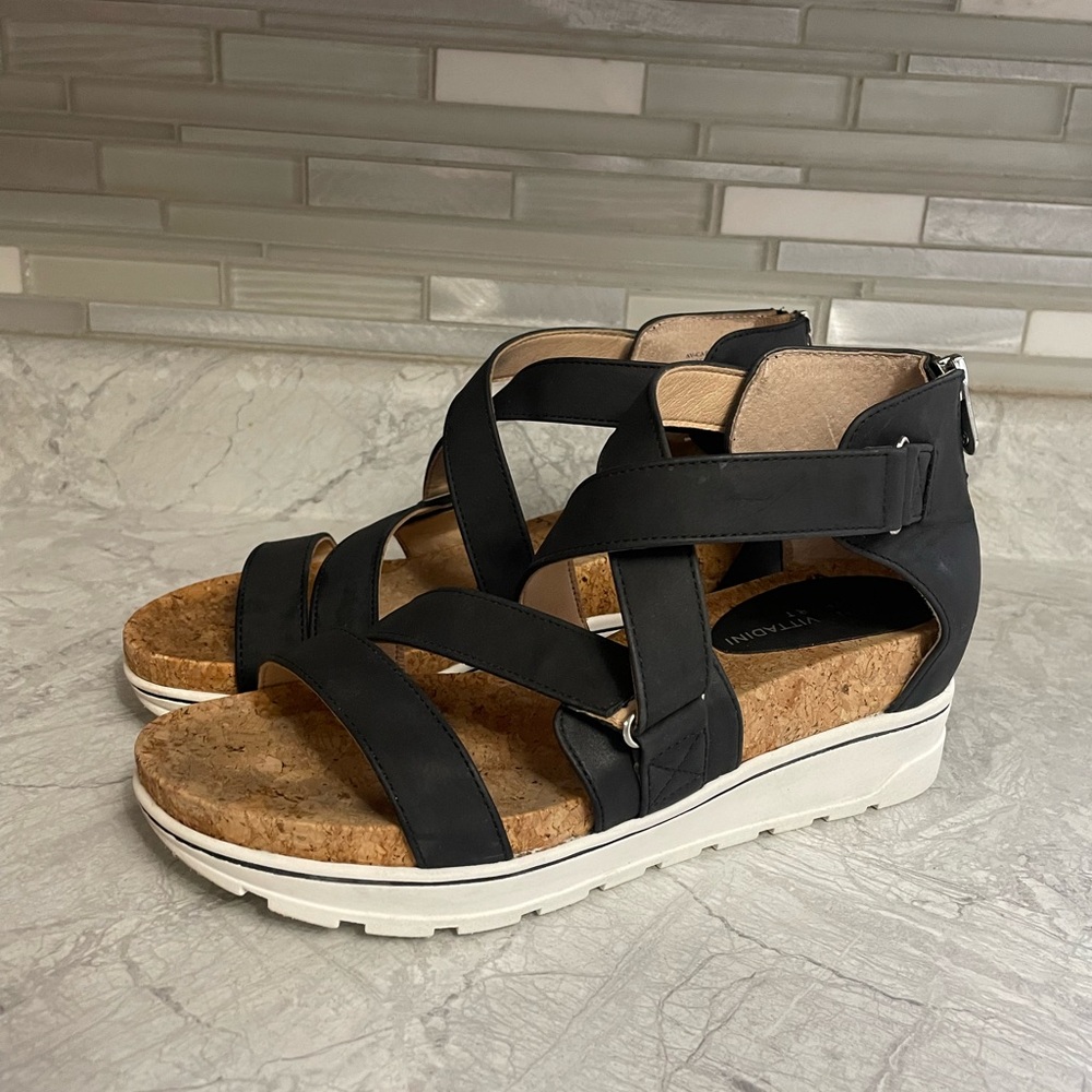 Adrienne Vittadini Black and Tan Strappy Sandals